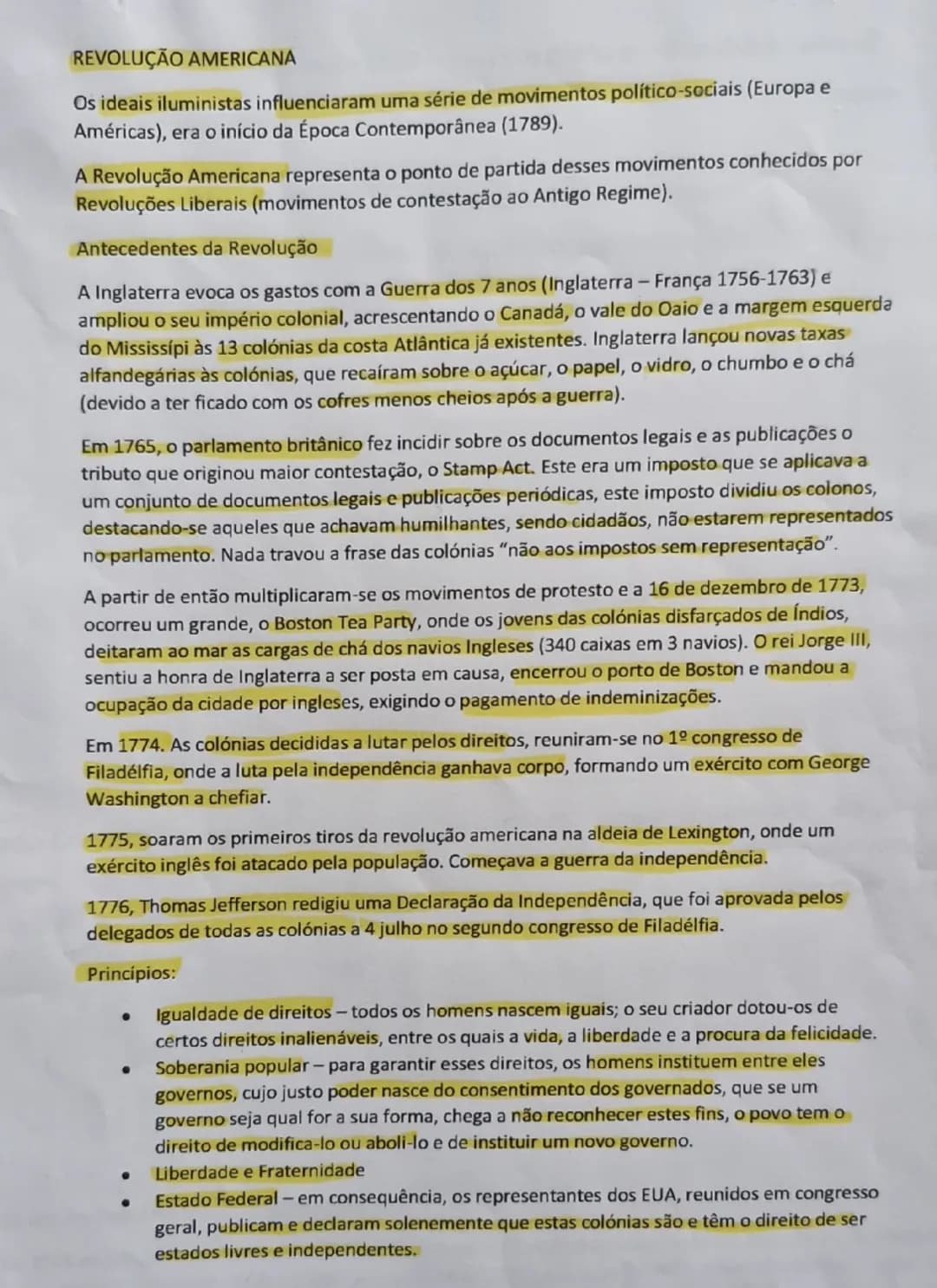 Resumo sobre a Revolução Americana 