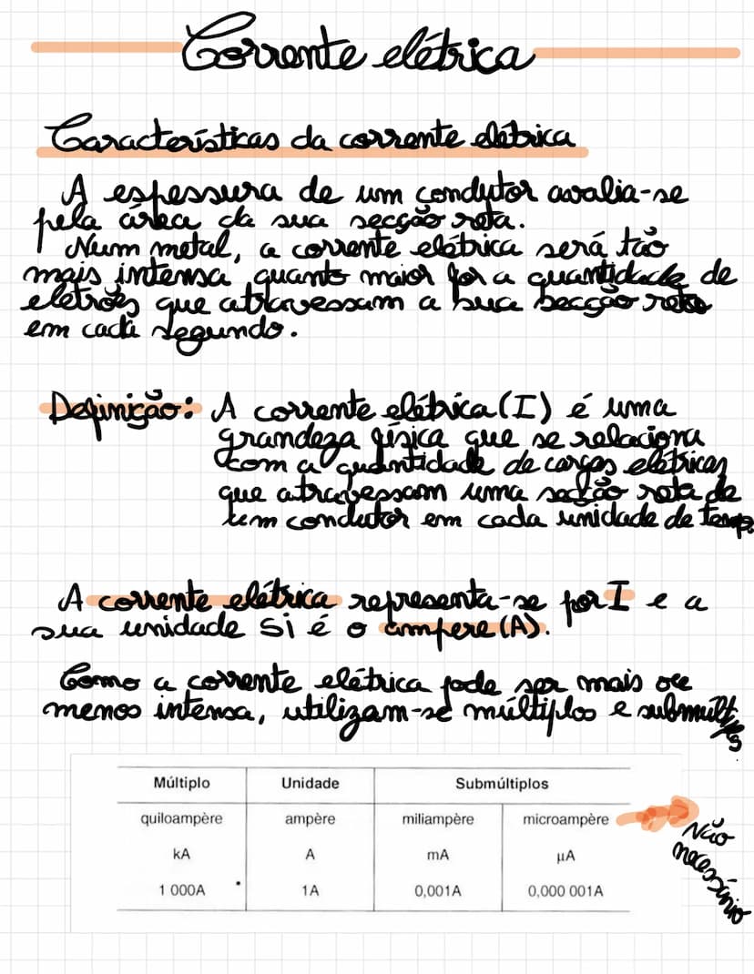 --- OCR Start ---
Corrente elétrica
Características da corrente elétrica
A espessura de um condutor avalia-se
pela área da sua secção reta.
