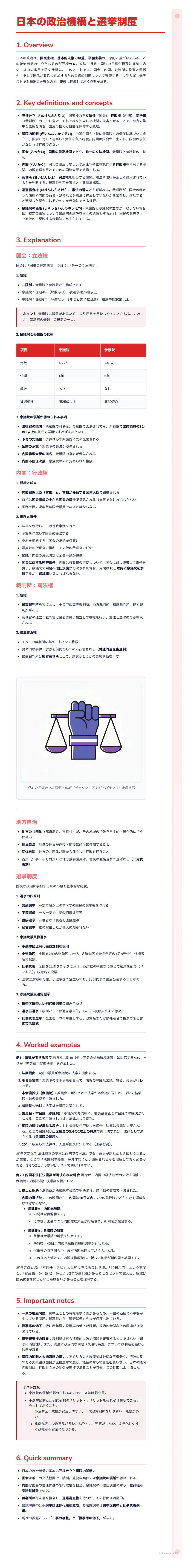 # 日本の政治機構と選挙制度

1. Overview

2. Key definitions and concepts

3. Explanation

### 議会・内閣

### 内閣

|       |
| ----------- | ----------- |
| 内