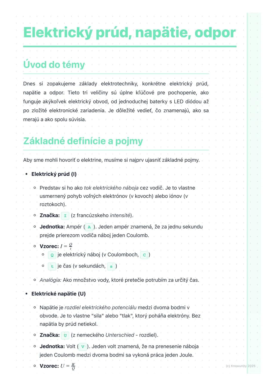 # Elektrický prúd, napätie, odpor

Úvod do témy

Dnes si zopakujeme základy elektrotechniky, konkrétne elektrický prúd,
napätie a odpor. Tie