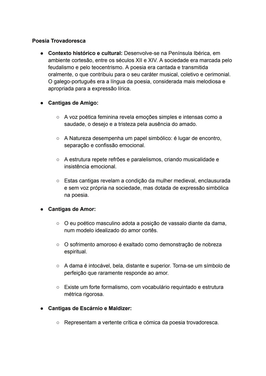 Poesia Trovadoresca
• Contexto histórico e cultural: Desenvolve-se na Península Ibérica, em
ambiente cortesão, entre os séculos XII e XIV. A