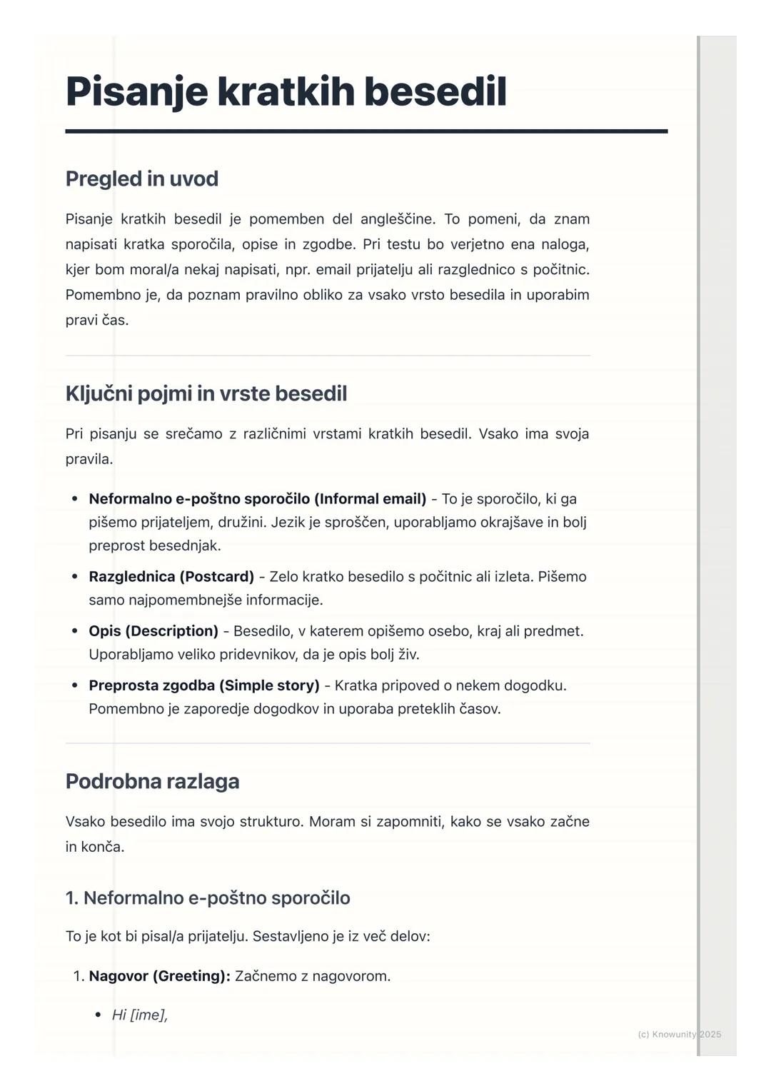 # Pisanje kratkih besedil

Pregled in uvod

Pisanje kratkih besedil je pomemben del angleščine. To pomeni, da znam
napisati kratka sporočila