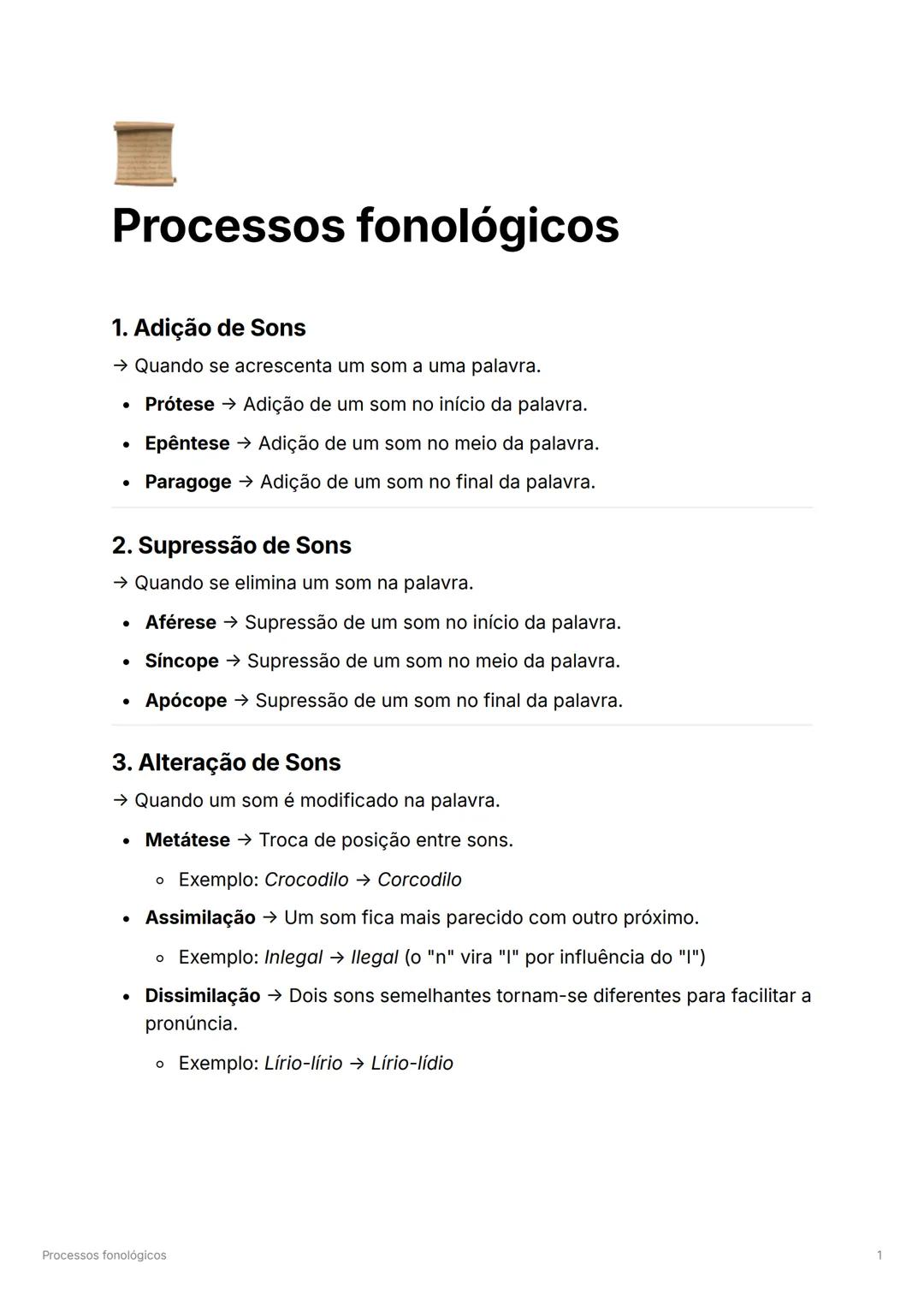 # Processos fonológicos

1. Adição de Sons
→ Quando se acrescenta um som a uma palavra.

* Prótese → Adição de um som no início da palavra.

