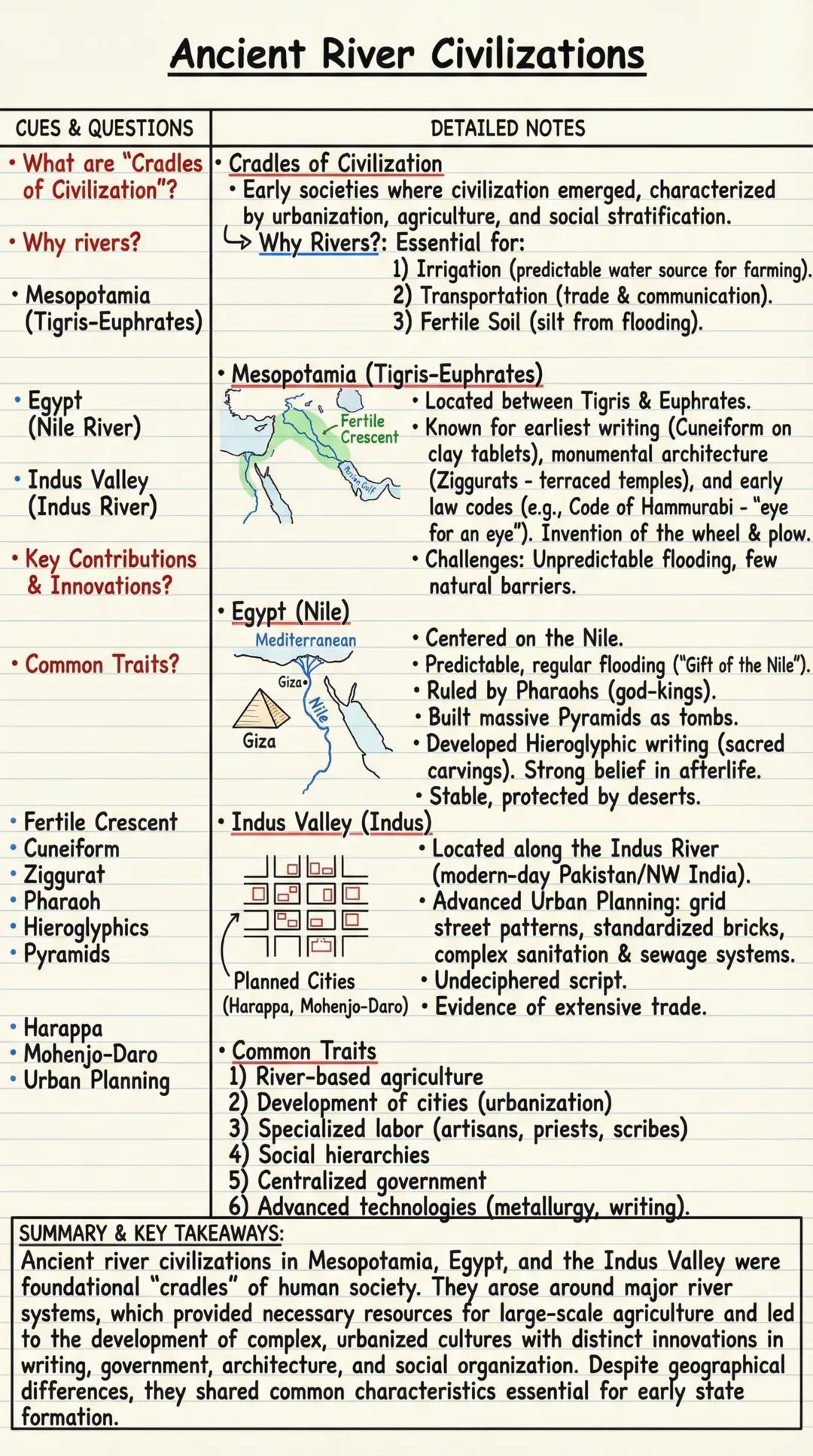 # Ancient River Civilizations

CUES & QUESTIONS | DETAILED NOTES
---|---
• What are "Cradles | • Cradles of Civilization
of Civilization"? |