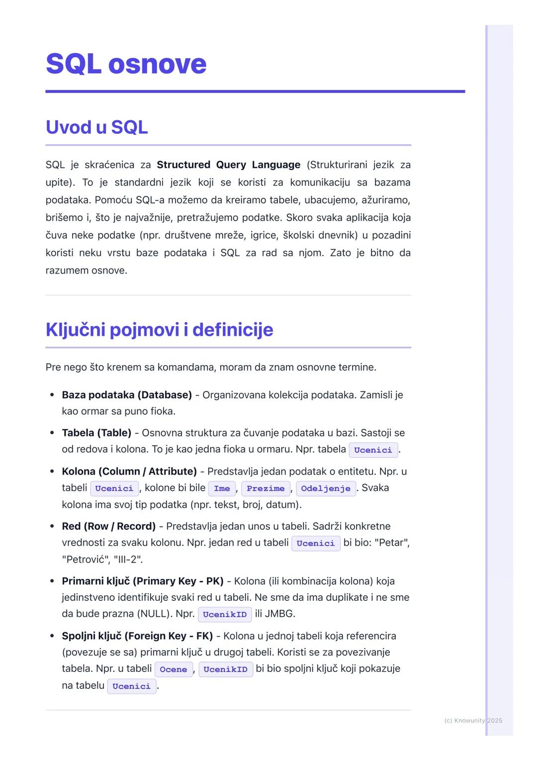 # SQL osnove

Uvod u SQL

SQL je skraćenica za Structured Query Language (Strukturirani jezik za
upite). To je standardni jezik koji se kori