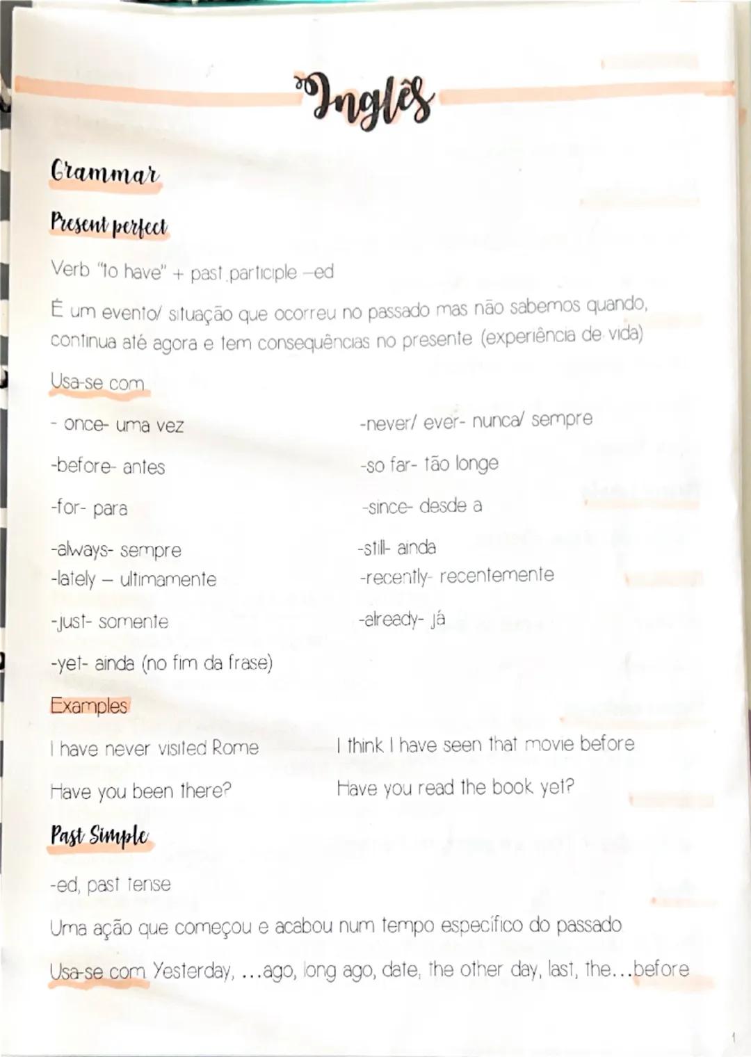 Ingles
Crammar
Present perfect
Verb "to have" + past participle -ed
É um evento/ situação que ocorreu no passado mas não sabemos quando,
con