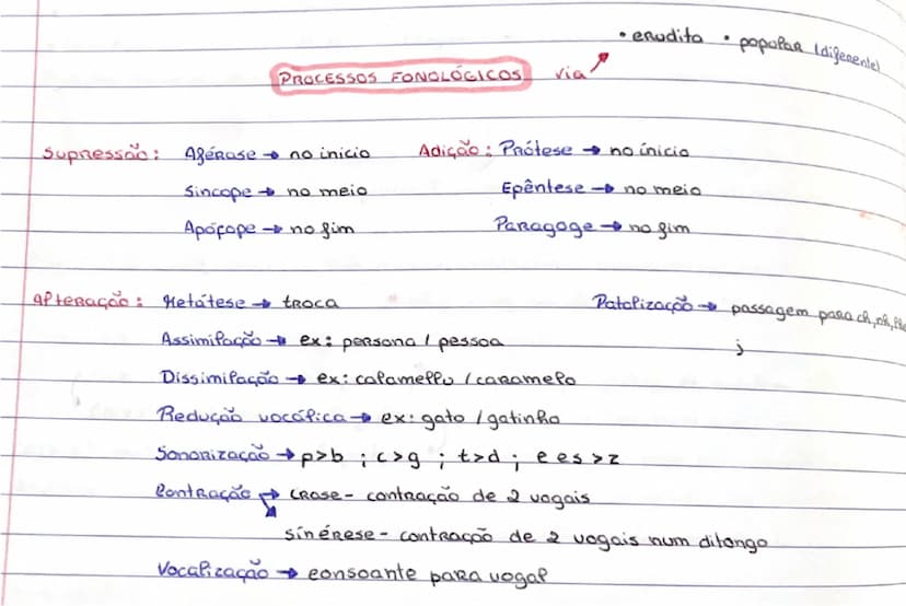 # PROCESSOS FONOLÓGICOS  via

• erudito • popóia  lijeentel

Supressão :  Afêrese → no início     Adição : Prótese → no início
Sincope → no 