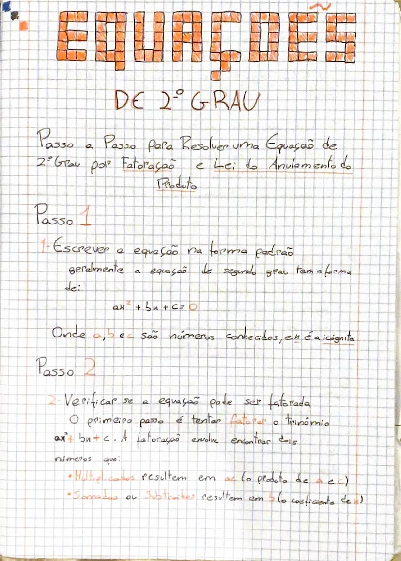 # EQUAÇOES

DE 2° GRAU

Passo a Passo para Resolver uma Equação de
2° Grau por Fatoração e Lei do Anulamento do
Produto

Passo 1
1. Escrever