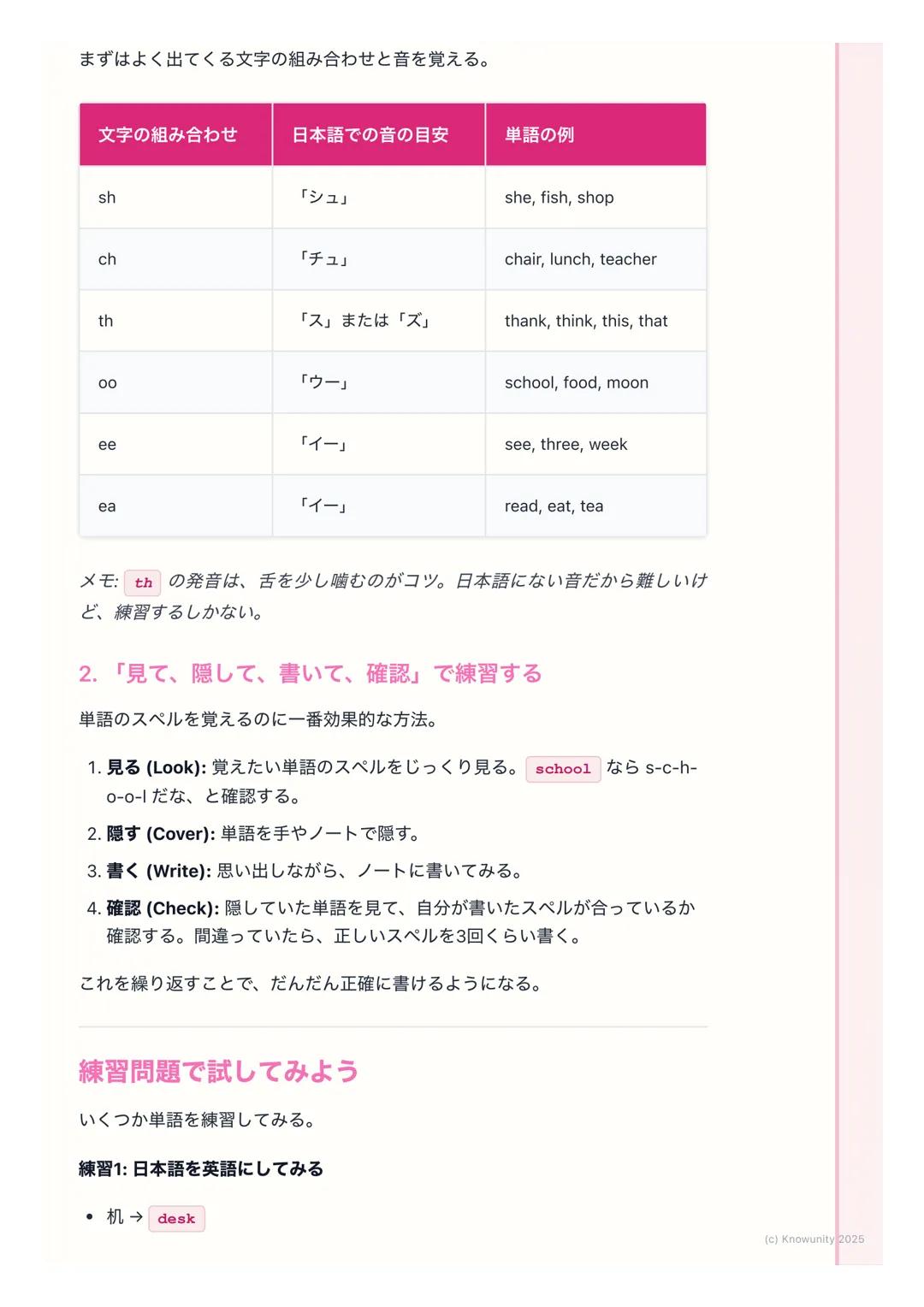 # 単語の読み書きの練習

単語の読み書きの基本

英語の勉強で一番大事なことの一つが、単語を正しく読めて、正しく書けるこ
と。これができないと、文を読んだり書いたりするのが難しくなる。テストでも
単語の問題は必ず出るから、しっかり練習しておく必要がある。特に、音とつづ
り(スペ