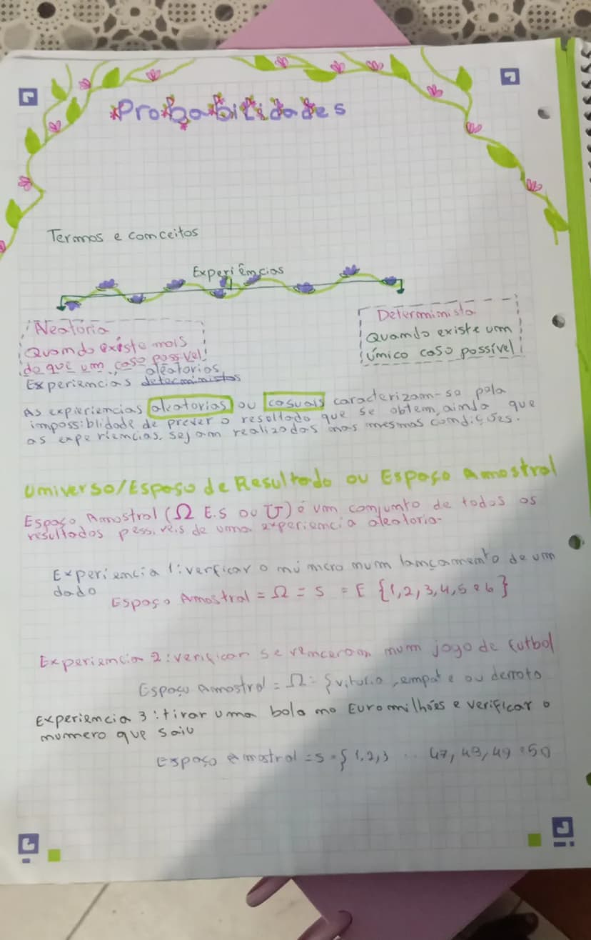 # Probabilidades

Termos e conceitos Experiências

Neatória
Quando exista mais
do que um caso possível!
Experiências aleatórias

Determinist