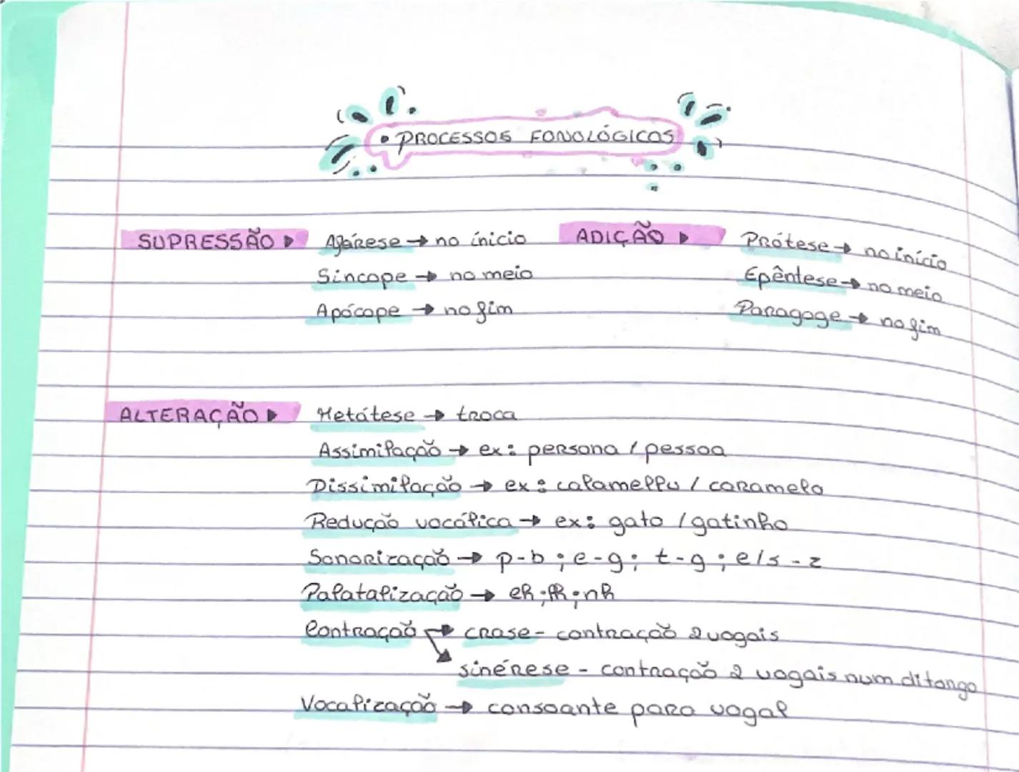 ## PROCESSOS FONOLÓGICOS

### SUPRESSÃO
- Ajarese → no início
- Sincope → no meio
- Apocope → no fim

### ADIÇÃO
- Prótese → no início
- Epê