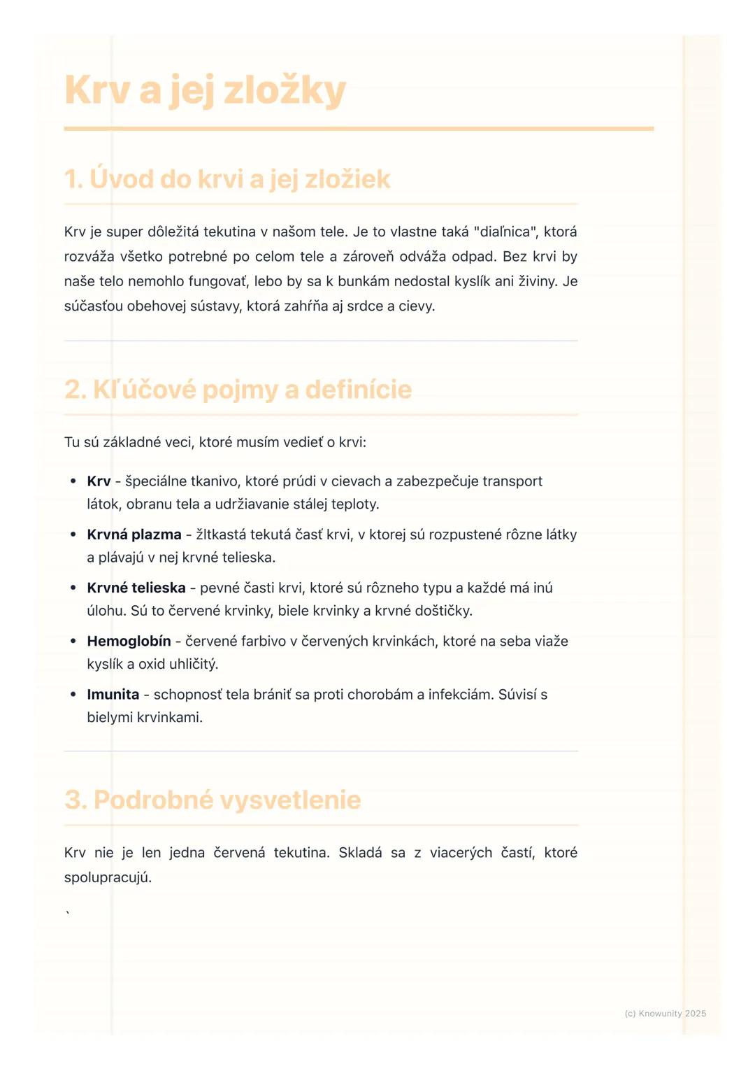# Krv a jej zložky

1. Úvod do krvi a jej zložiek

Krv je super dôležitá tekutina v našom tele. Je to vlastne taká "diaľnica", ktorá
rozváža