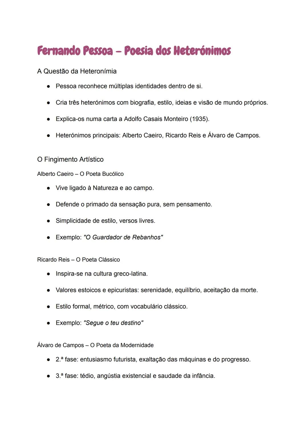 # Fernando Pessoa - Poesia dos Heterónimos

A Questão da Heteronímia

- Pessoa reconhece múltiplas identidades dentro de si.
- Cria três het
