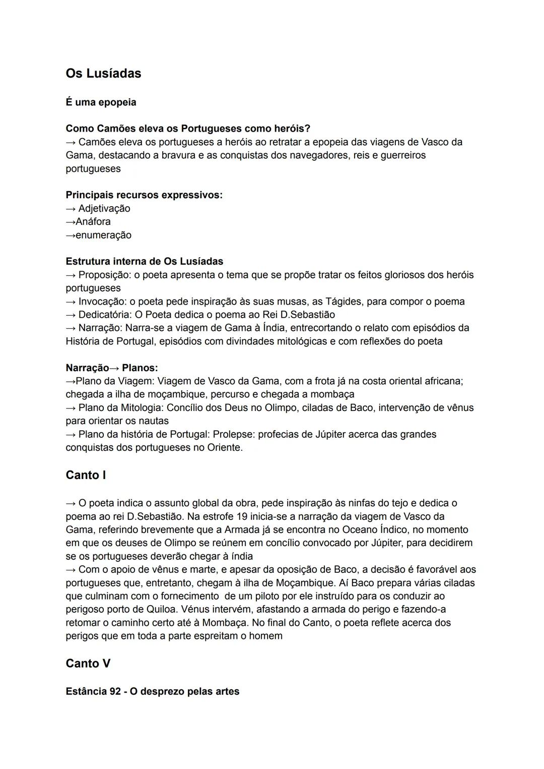 Análise e Resumo de "Os Lusíadas" - Cantos I e V para o 10ºAno