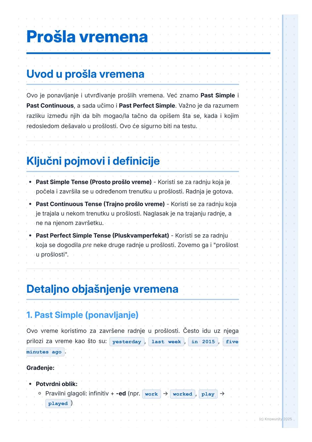 # Prošla vremena

## Uvod u prošla vremena

Ovo je ponavljanje i utvrđivanje prošlih vremena. Već znamo Past Simple i
Past Continuous, a sad