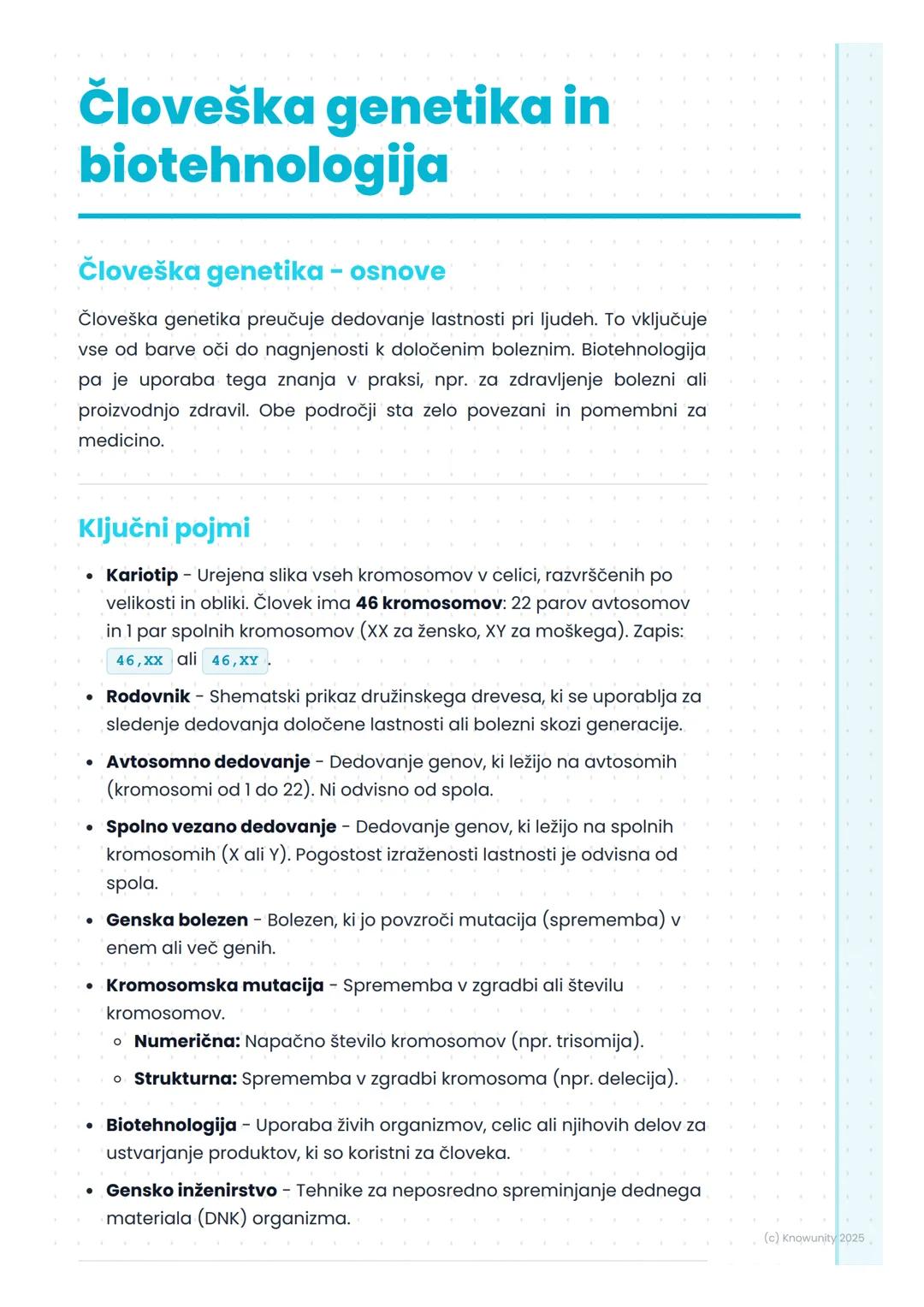 # Človeška genetika in
biotehnologija

Človeška genetika - osnove

Človeška genetika preučuje dedovanje lastnosti pri ljudeh. To vključuje
v