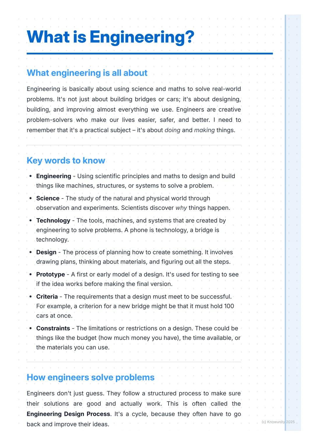 # What is Engineering?

What engineering is all about

Engineering is basically about using science and maths to solve real-world
problems. 