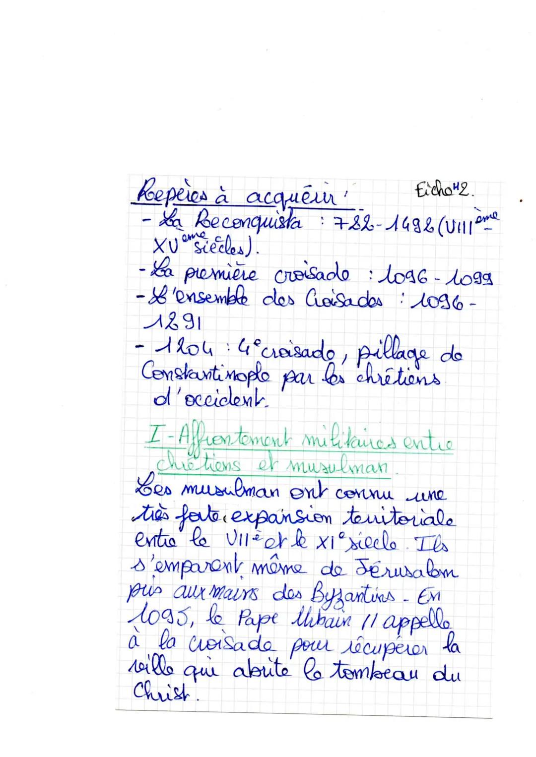 Eicho 2.

Reperes à acquérir
- La Reconquista: 782-1486 (Uillame
XUensiecles).
-La première croisade : 1096-1099
-f'ensemble des Croisades: 