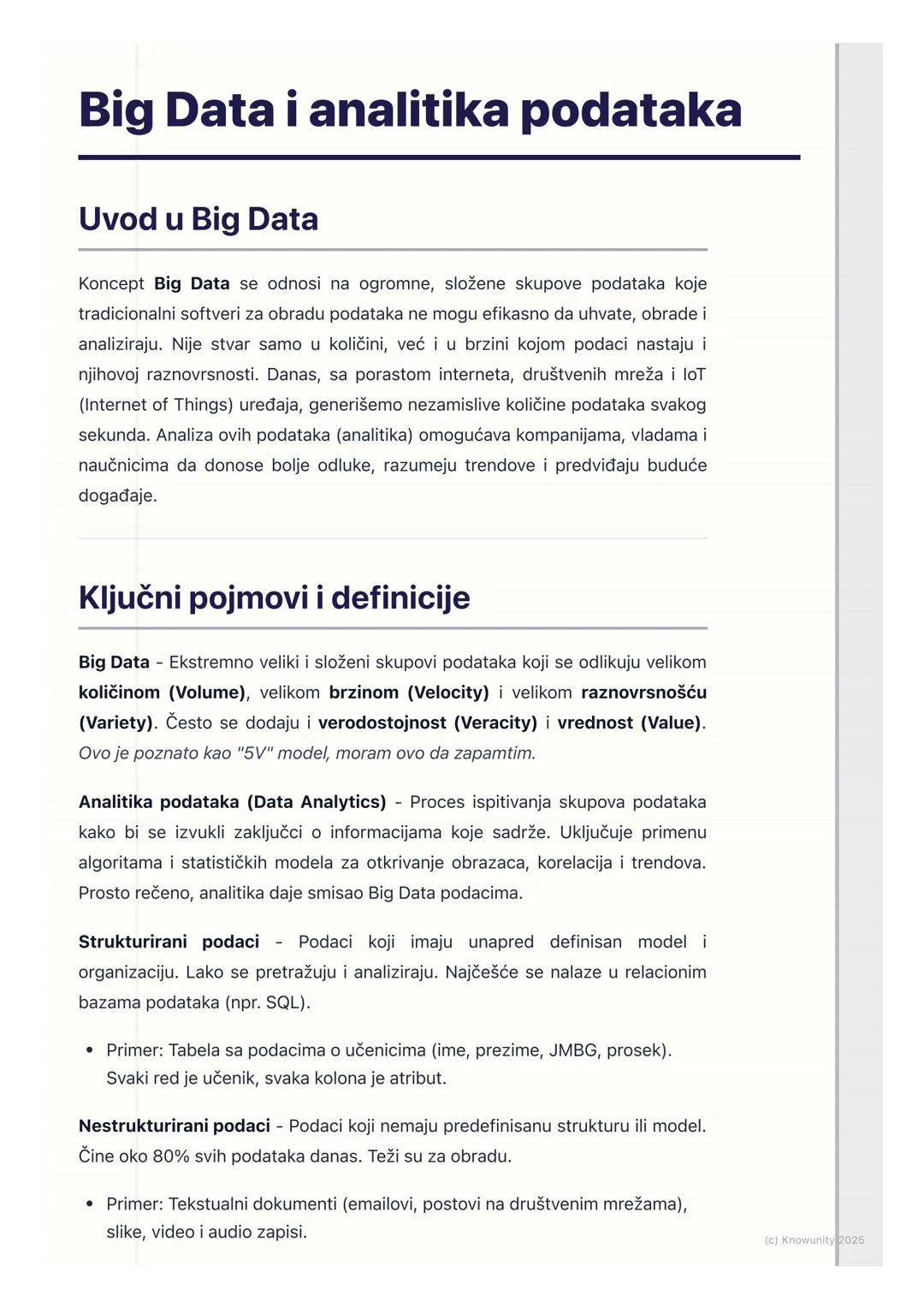 # Big Data i analitika podataka

Uvod u Big Data

Koncept Big Data se odnosi na ogromne, složene skupove podataka koje
tradicionalni softver
