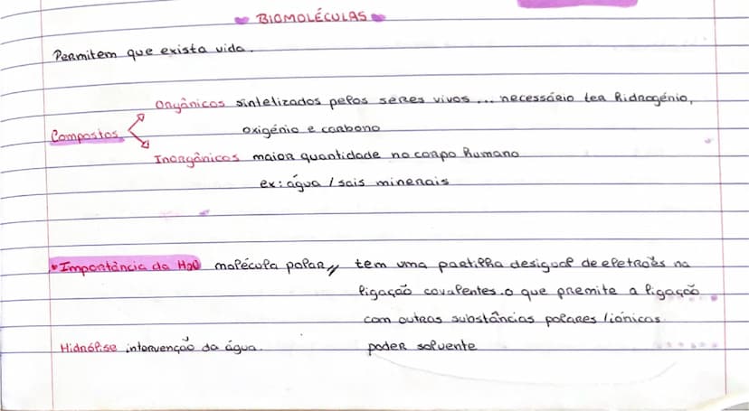 # BIOMOLÉCULAS

Permitem que exista vida.

Compostos  → Orgânicos sintelizados pelos seres vivos... necessário ter Hidrogênio,
             