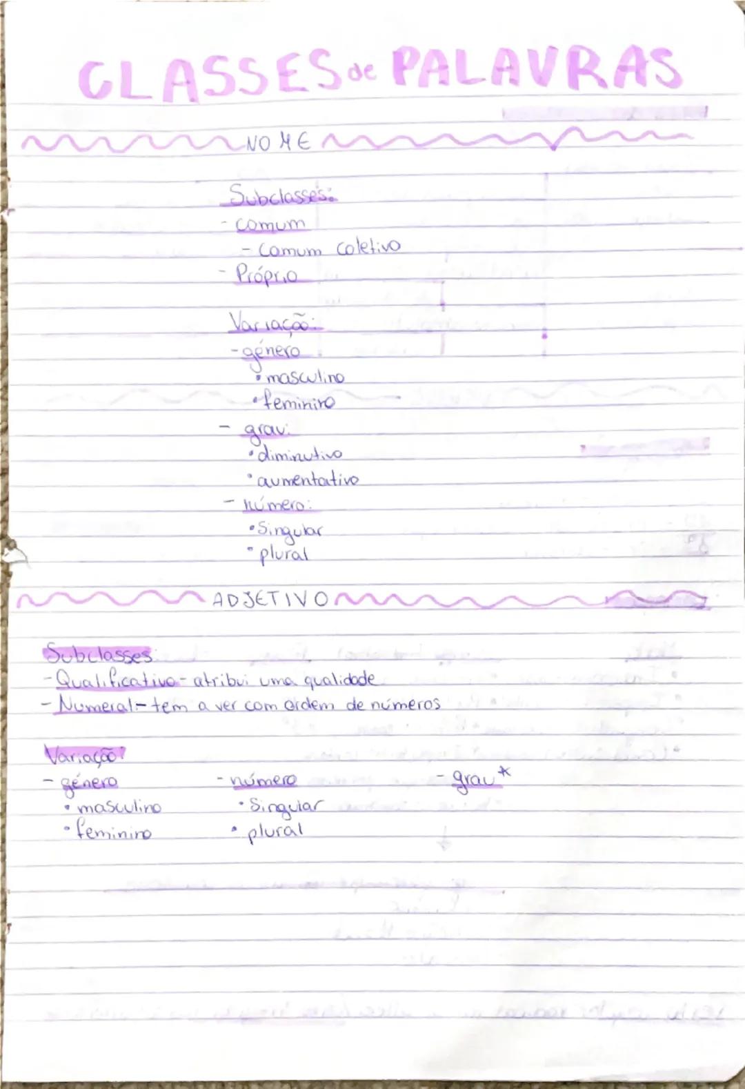 --- OCR Start ---
GLASSES OC PALAVRAS
Subclasses
NOME
Subclasses.
Comum
Comum coletivo
Próprio
Variação
-género:
masculino
•feminiro
grav
di
