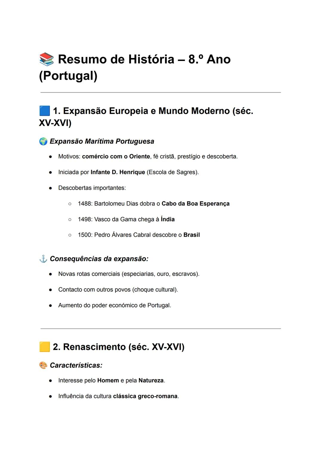 Resumo Completo de História para o 8.º Ano 📚