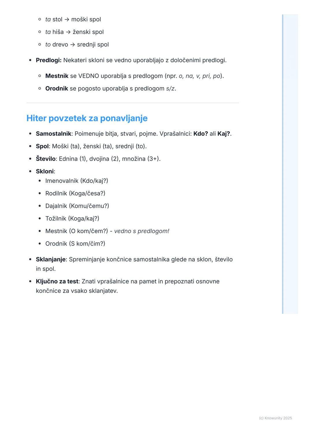 # Samostalnik

Kaj je samostalnik

Samostalnik je beseda, s katero poimenujemo bitja (npr. učenec, pes, Ana),
stvari (npr. miza, zvezek, tel