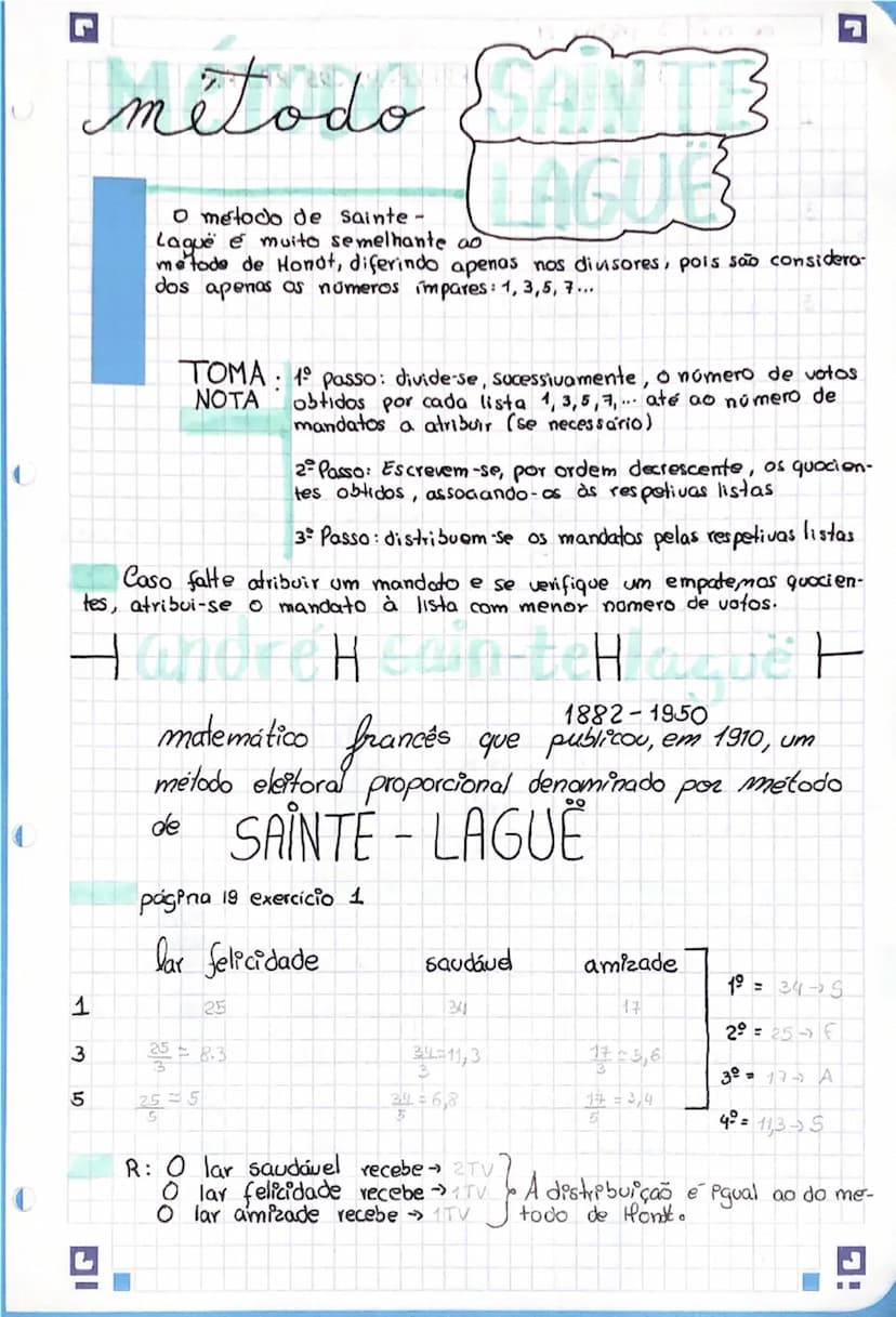 # Método Sainte-Lague

O método de Sainte-Lague é muito semelhante ao método de Hondt, diferindo apenas nos divisores, pois são considerados