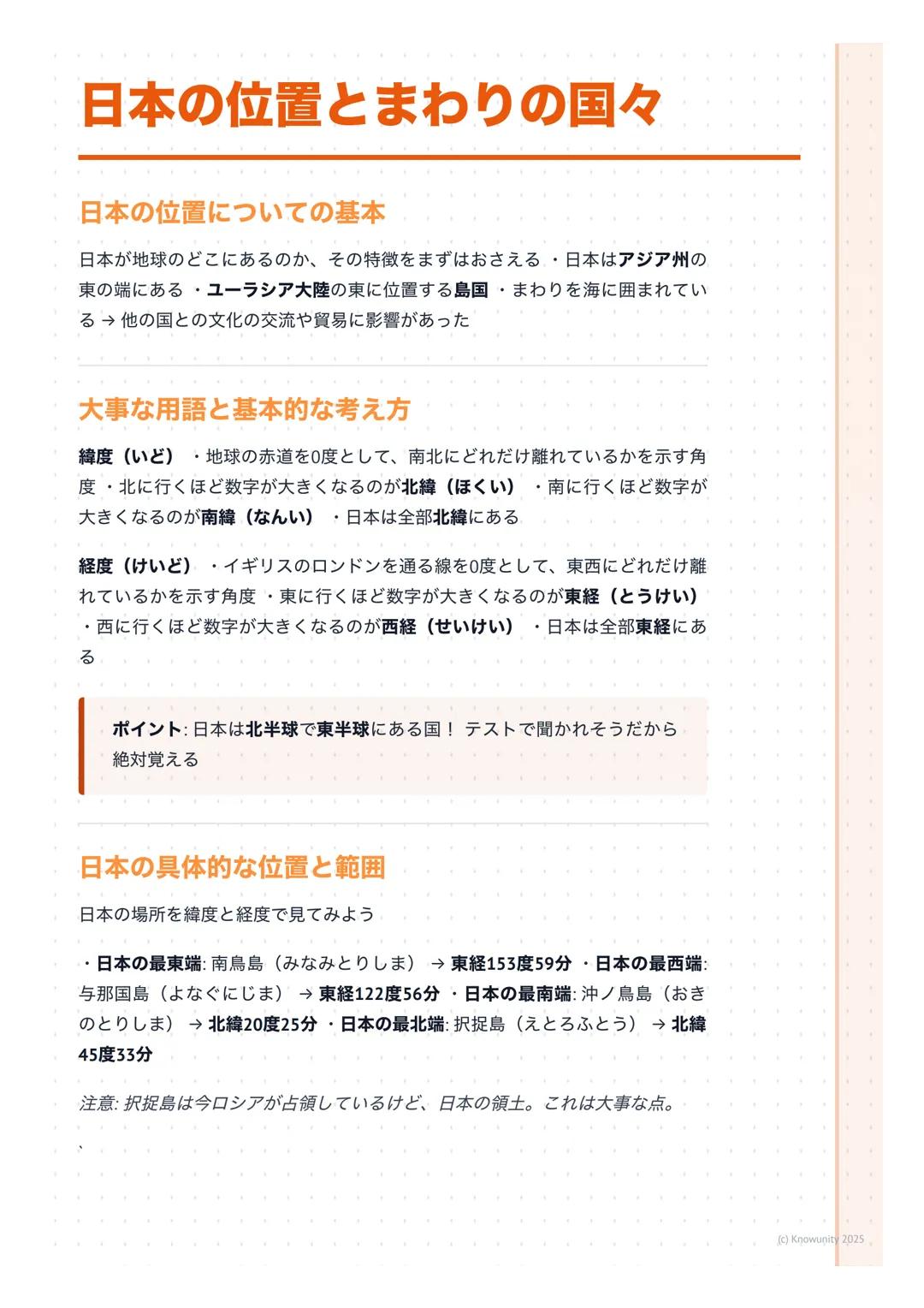 # 日本の位置とまわりの国々

日本の位置についての基本

日本が地球のどこにあるのか、その特徴をまずはおさえる・日本はアジア州の
東の端にある・ユーラシア大陸の東に位置する島国・まわりを海に囲まれてい
る→他の国との文化の交流や貿易に影響があった

大事な用語と基本的な考え方
