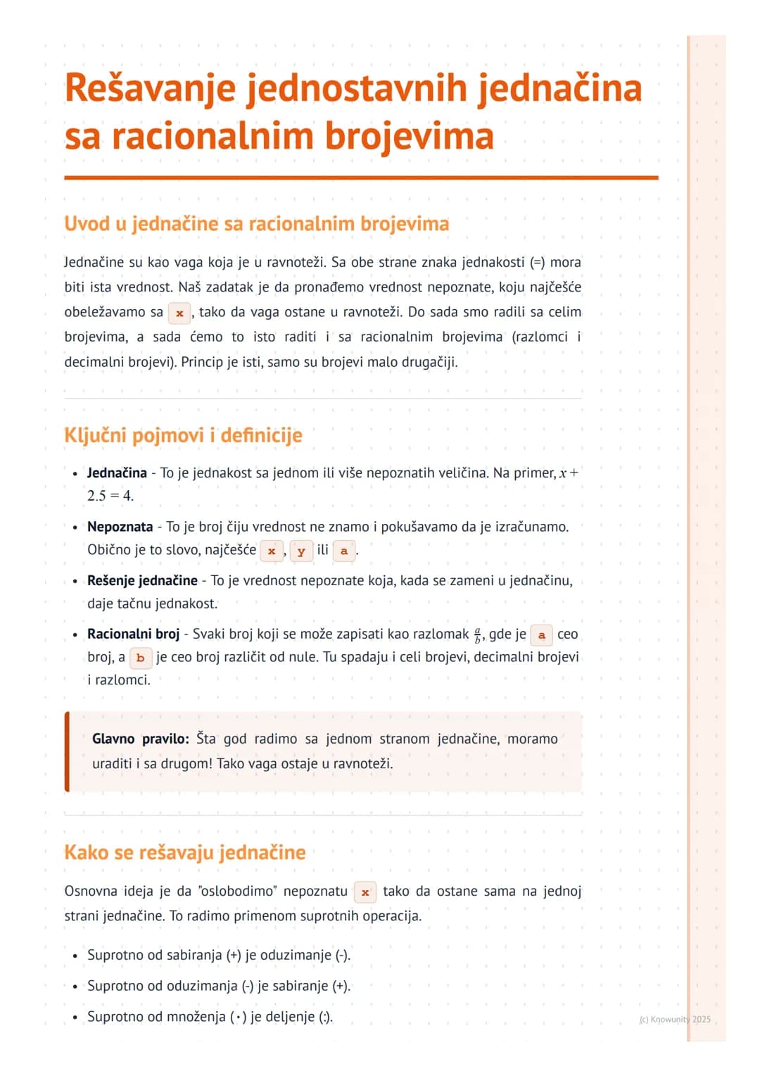 # Rešavanje jednostavnih jednačina
sa racionalnim brojevima

Uvod u jednačine sa racionalnim brojevima

Jednačine su kao vaga koja je u ravn