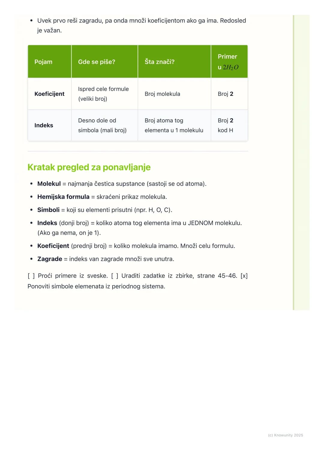 # Molekuli i hemijske formule

Uvod u molekule i formule

Molekuli su najmanje čestice supstance koje zadržavaju njene hemijske
osobine. Sas
