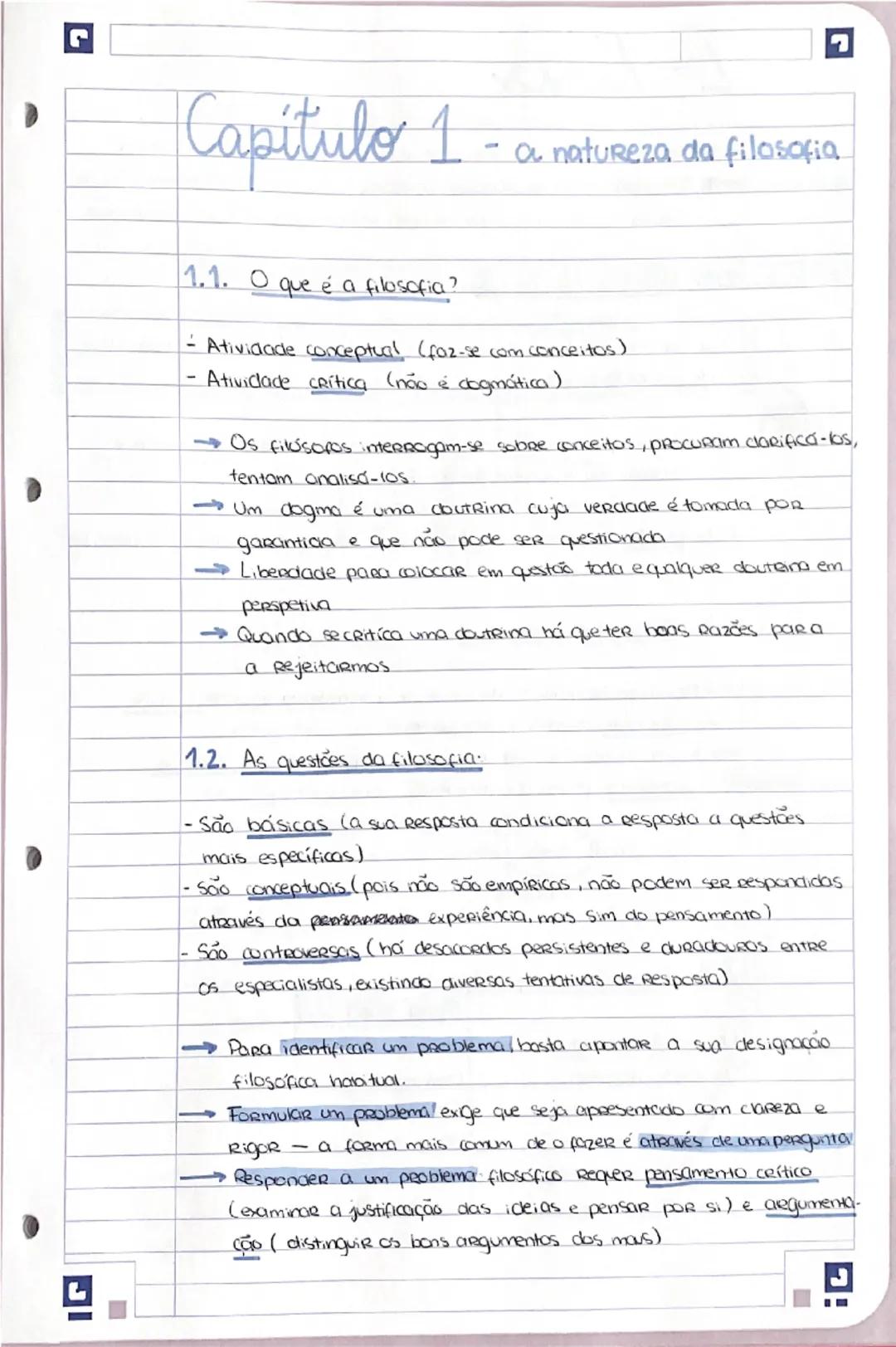 --- OCR Start ---
D
Capitulo 1- a natureza da filosofia
1.1. O que é a filosofia?
- Atividade conceptual (faz-se com conceitos)
- Atividade 
