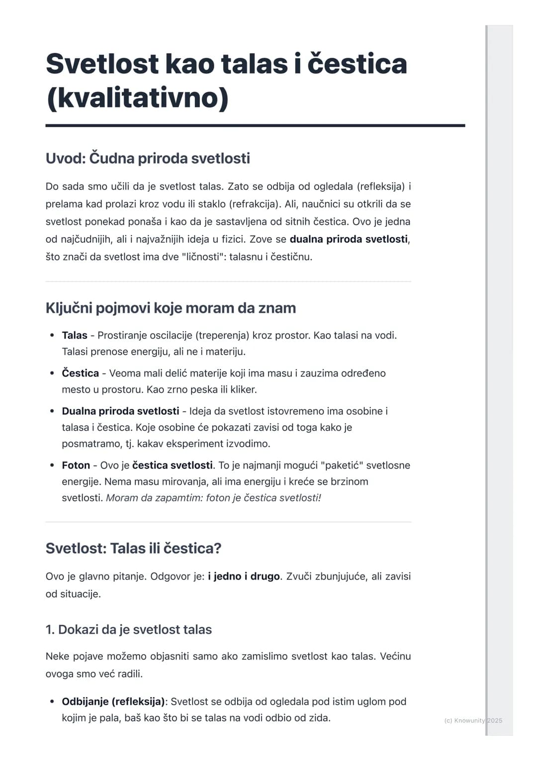 # Svetlost kao talas i čestica
(kvalitativno)

Uvod: Čudna priroda svetlosti

Do sada smo učili da je svetlost talas. Zato se odbija od ogle