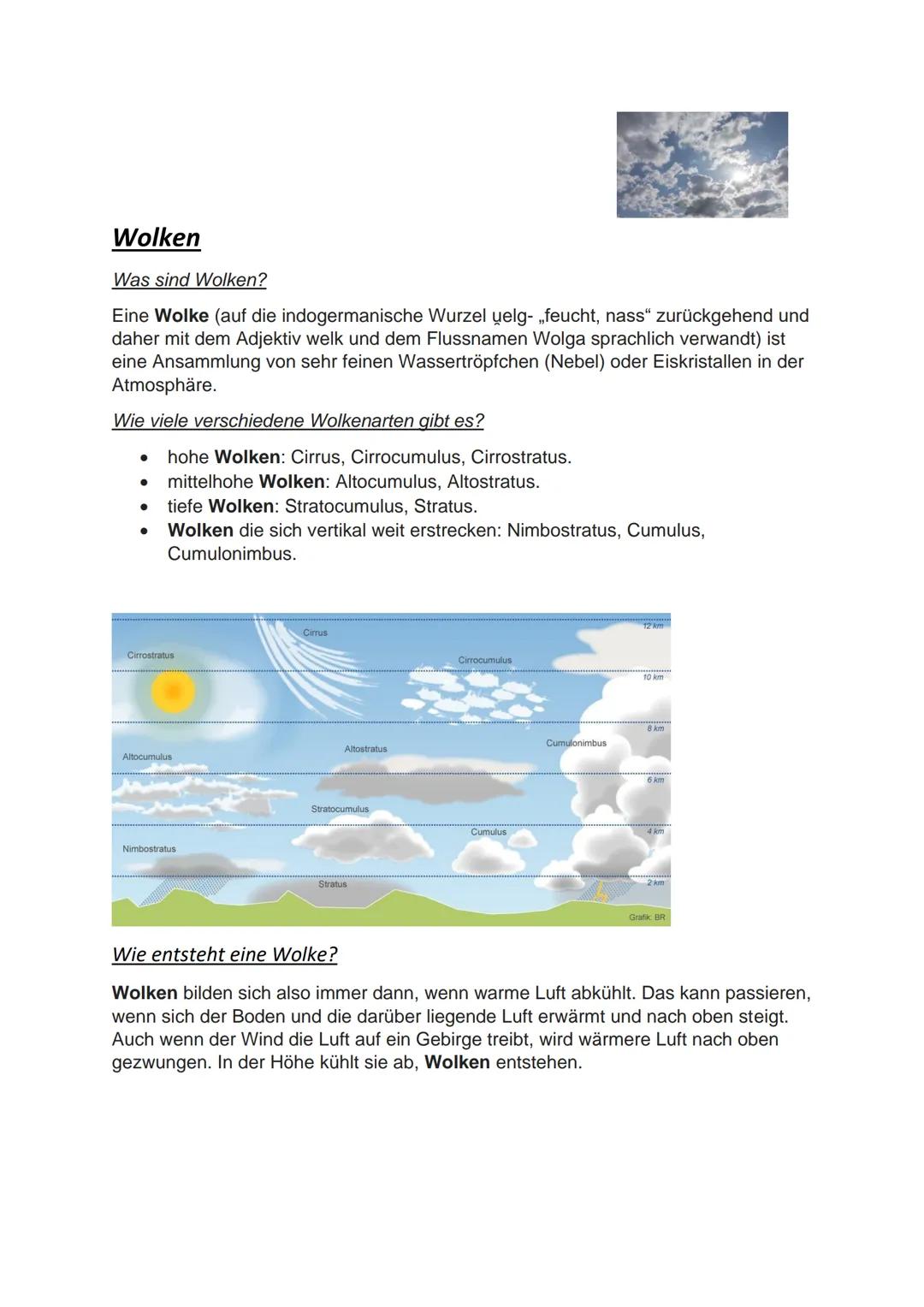 # Wolken

Was sind Wolken?

Eine Wolke (auf die indogermanische Wurzel uelg- „feucht, nass" zurückgehend und
daher mit dem Adjektiv welk und