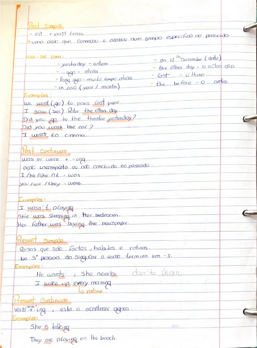 # Past Simple
- -ed + past tense
- uma açao que começou e acabou num tempo específico no passado.

Usa-se com:
- yesterday - ontem
- ago - a