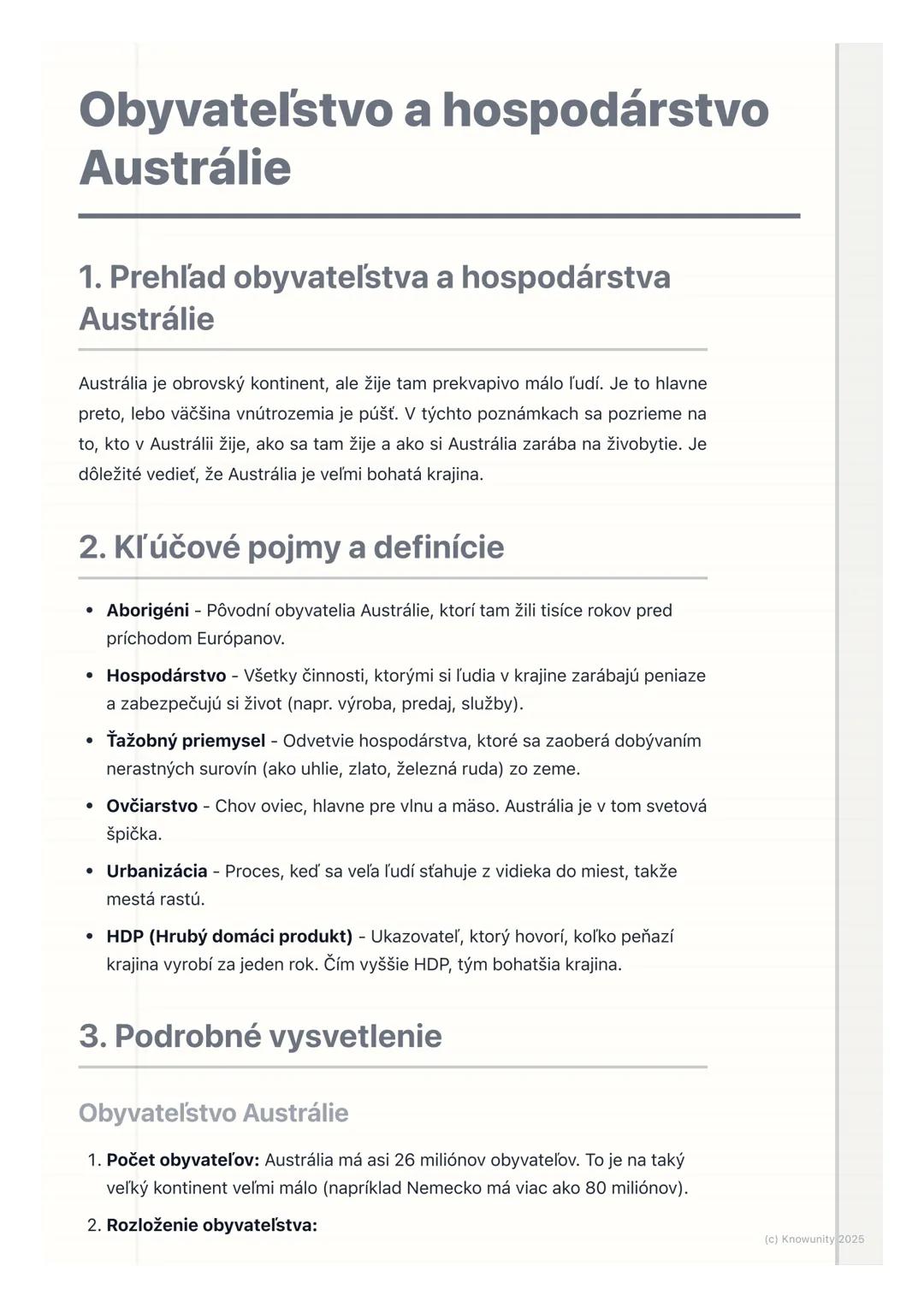 # Obyvateľstvo a hospodárstvo
Austrálie

1. Prehľad obyvateľstva a hospodárstva
Austrálie

Austrália je obrovský kontinent, ale žije tam pre