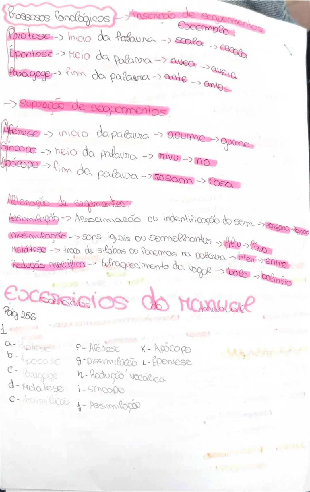 # Processos fonológicos → inserção de segmentos
Exemplo
Prótese → início da palavra → scala → escola
Epêntese → meio da palavra → avea → ave