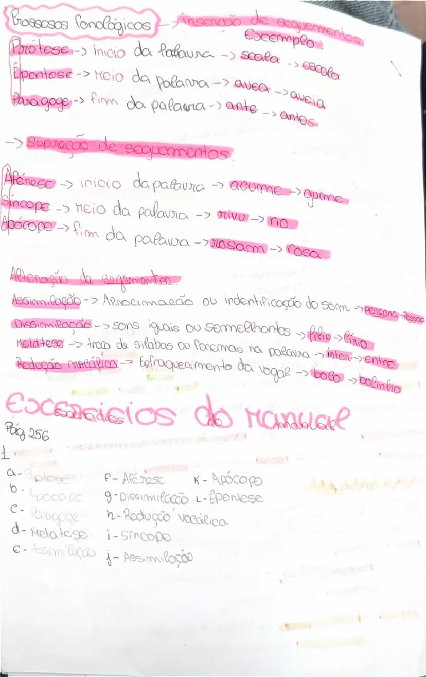 # Processos fonológicos → inserção de segmentos
Exemplo
Prótese → início da palavra → scala → escola
Epêntese → meio da palavra → avea → ave