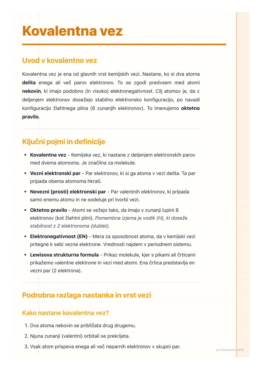 # Kovalentna vez

## Uvod v kovalentno vez

Kovalentna vez je ena od glavnih vrst kemijskih vezi. Nastane, ko si dva atoma
delita enega ali 