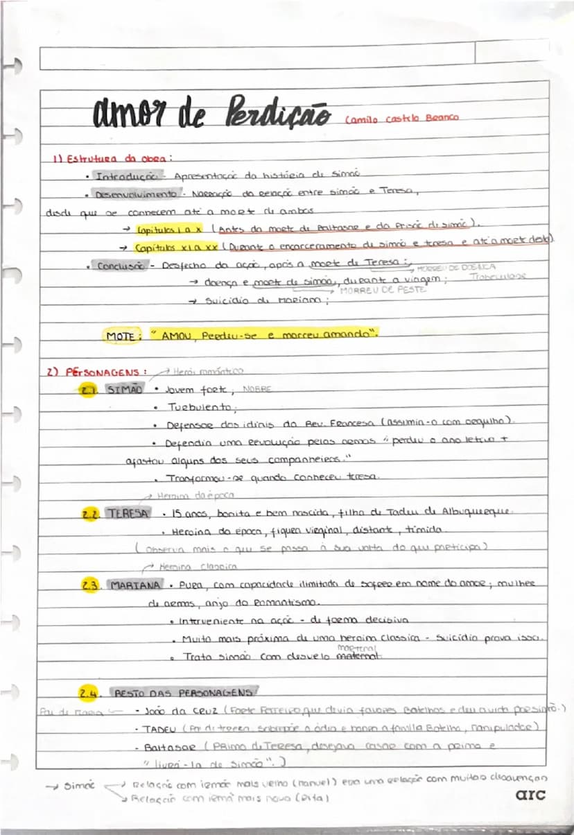 --- OCR Start ---
Amor de Perdição
(Camilo castelo Branco)
1) Estrutura da obra:
• Introdução: Apresentação da história de Simão.
• Desenvol