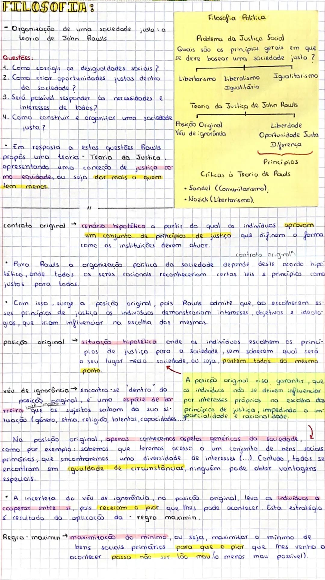 FILOSOFIA:

- Organização de uma sociedade justo: a
teoria de John Rawls

Questões.
1. Como corrigir as desigualdades socials?
2. Como criar