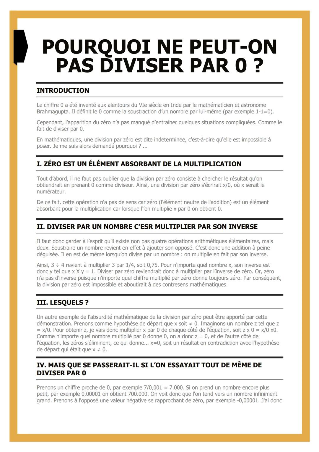 # POURQUOI NE PEUT-ON
PAS DIVISER PAR 0?

INTRODUCTION

Le chiffre 0 a été inventé aux alentours du VIe siècle en Inde par le mathématicien 