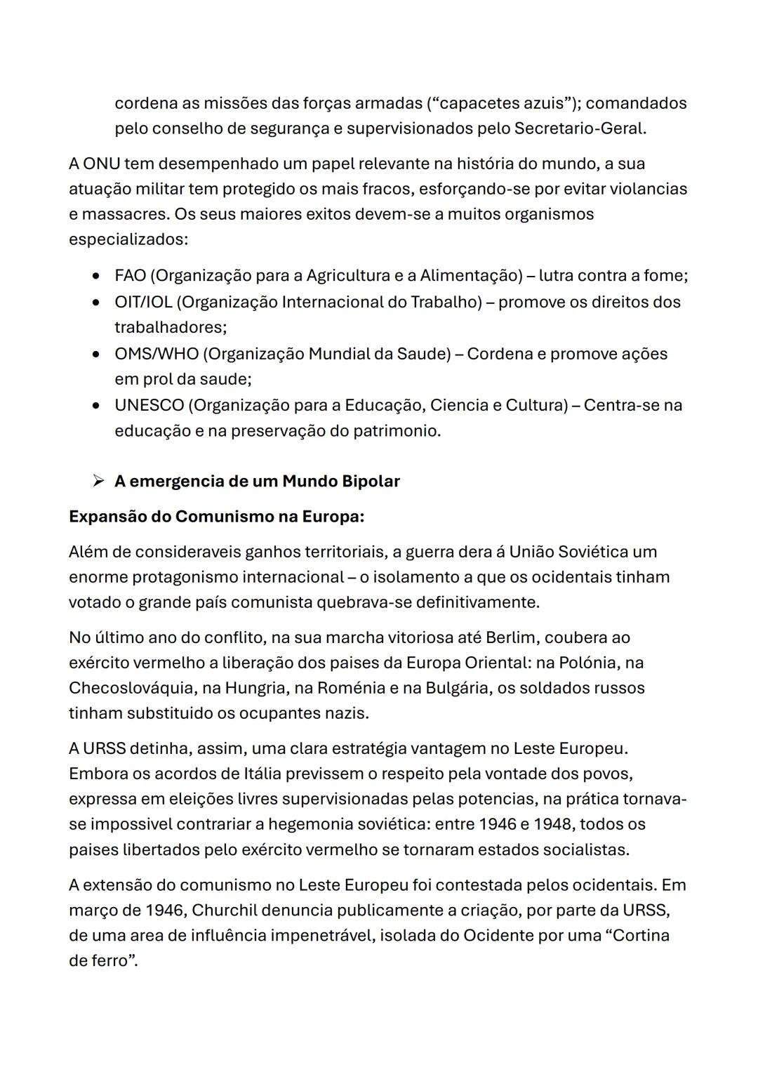 # Resumos de História
➤ O nascimento de uma nova ordem internacional
A segunda guerra mundial (1939-1945) afetou de forma profunda o equil