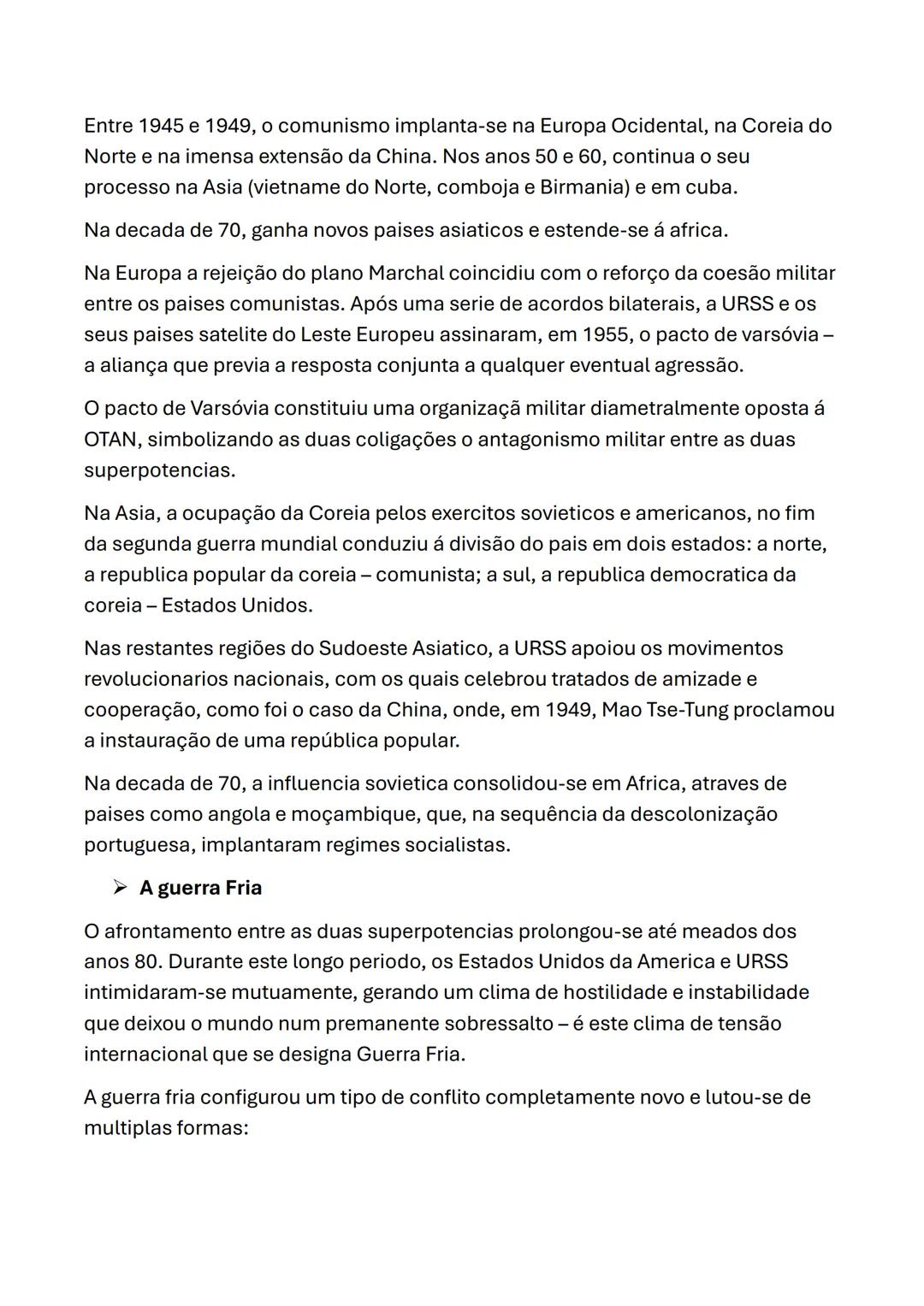 # Resumos de História
➤ O nascimento de uma nova ordem internacional
A segunda guerra mundial (1939-1945) afetou de forma profunda o equil