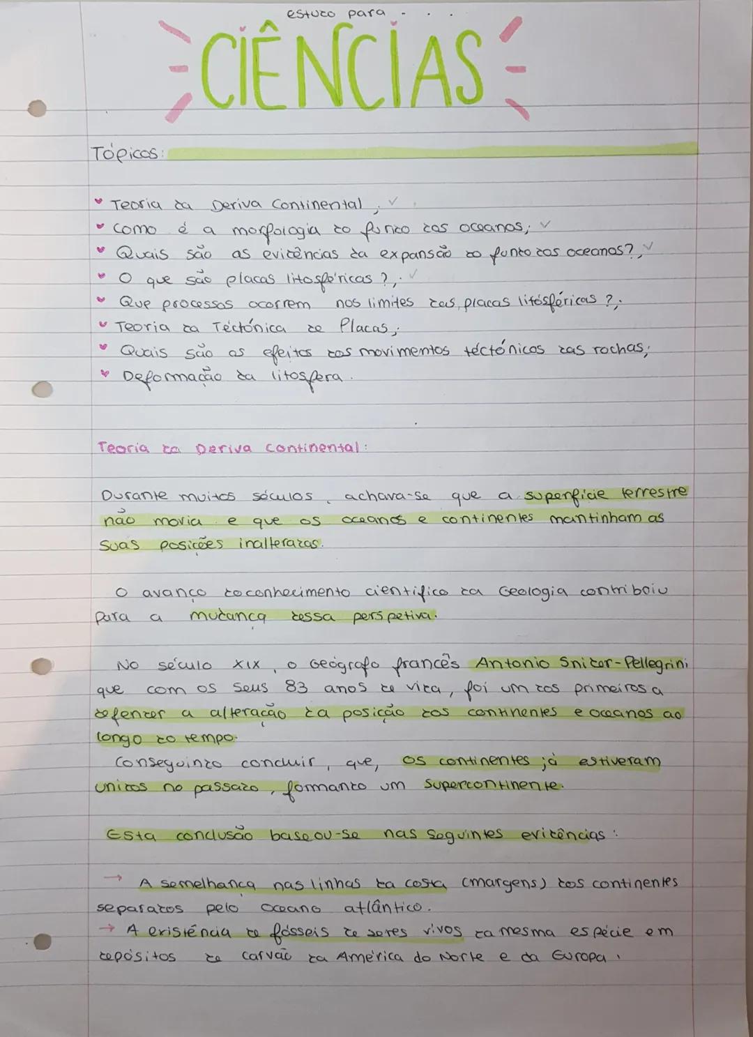 # estudo para
# CIÊNCIAS
**Tópicos:**
- Teoria da Deriva Continental ✓
- Como é a morfologia do fundo dos oceanos; ✓
- Quais são as evidê
