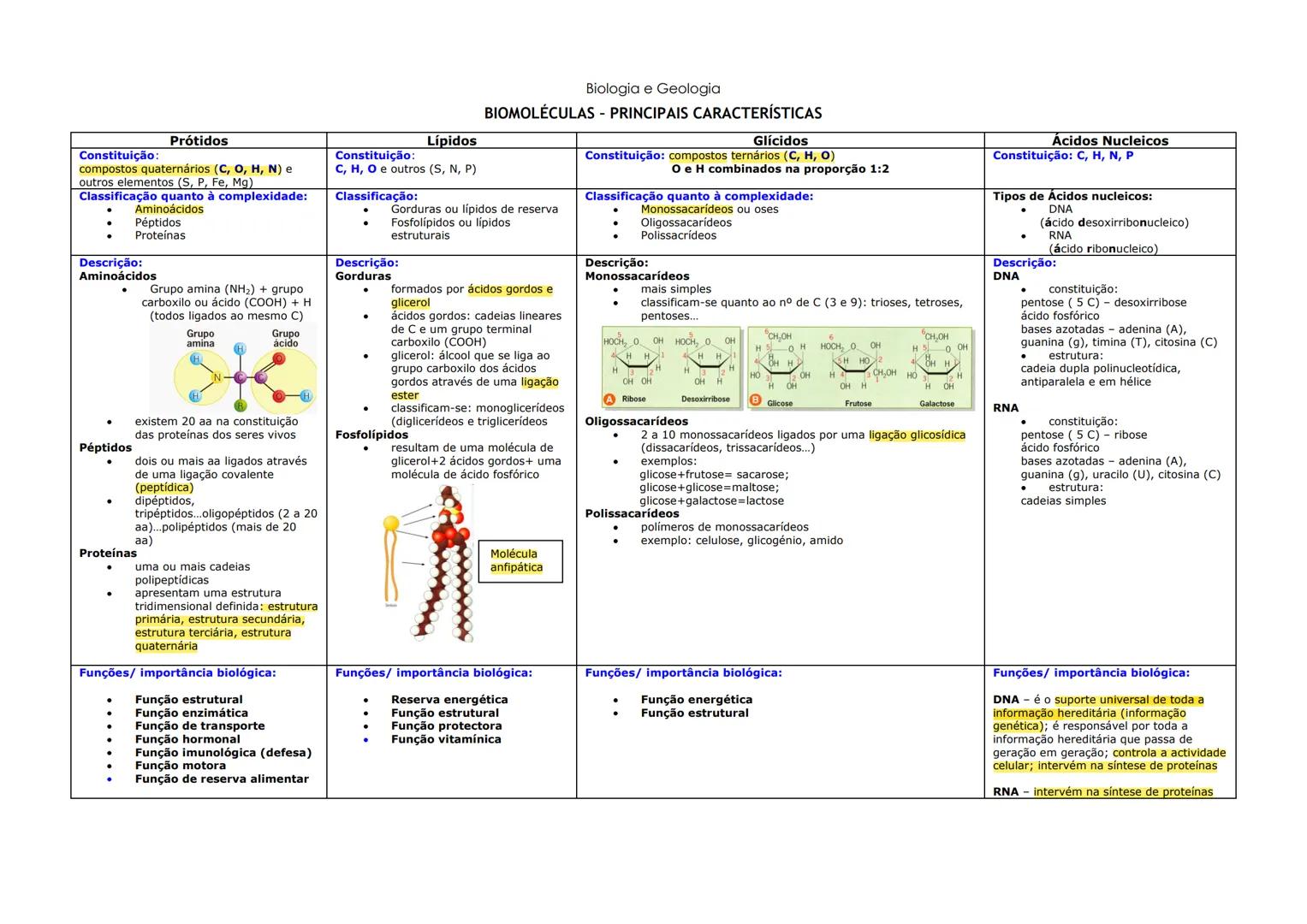 # Biologia e Geologia
## BIOMOLÉCULAS - PRINCIPAIS CARACTERÍSTICAS
### Prótidos
Constituição:
compostos quaternários (C, O, H, N) e
outros
