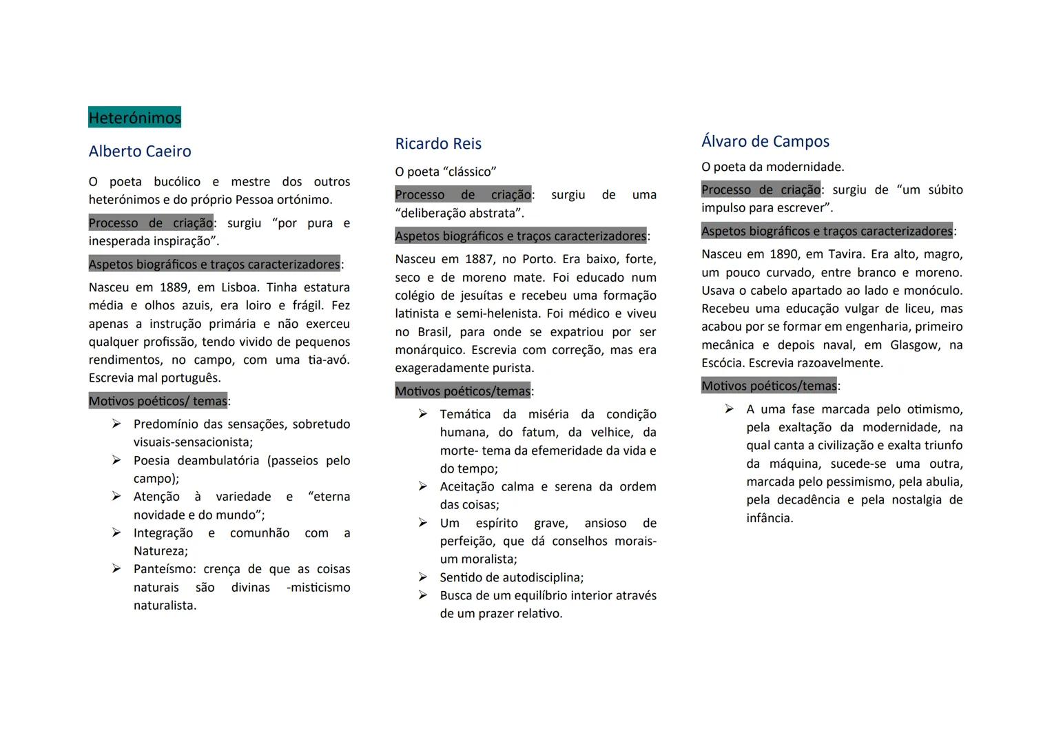 Heterónimos
Alberto Caeiro
O poeta bucólico e mestre dos outros
heterónimos e do próprio Pessoa ortónimo.
Processo de criação: surgiu "po