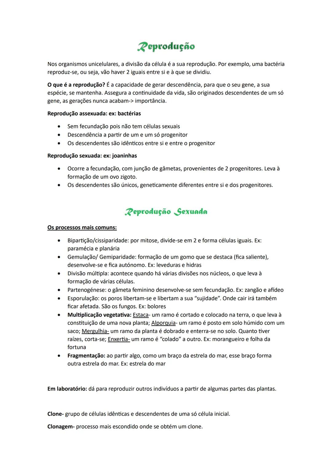 # Reprodução
Nos organismos unicelulares, a divisão da célula é a sua reprodução. Por exemplo, uma bactéria
reproduz-se, ou seja, vão haver