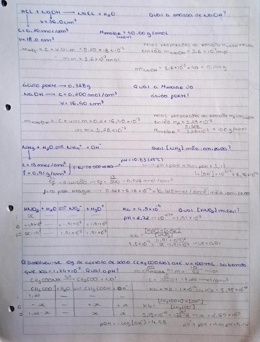 --- OCR Start ---
físico-quimi
EXERCÍCIOS-
Procedeu-se à titulação de 15ml de NaOH com uma solução padrão
de HCL de uma c = 0,45mol/dm³, ten