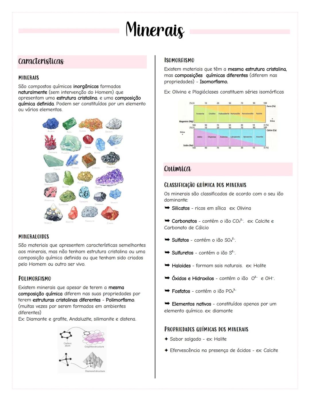 # Minerais
## Caracteristicas
MINERAIS
São compostos químicos inorgânicos formados
naturalmente (sem intervenção do Homem) que
apresentam